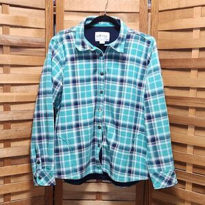 Orvis Green Navy Button-up Fleece Flannel Jacket Women XL Cotton Polyester